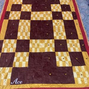 Vintage brown and Mustard Patchwork Quilt - Checkerboard Design 44” x 57”